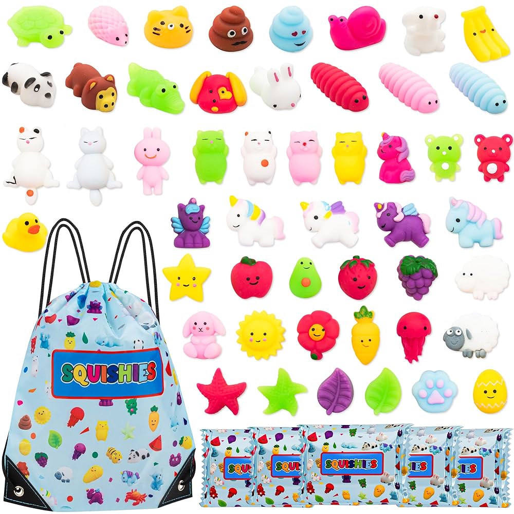 50 Pack Unique Mochi Squishy Toys: Individually Wrapped Party Bag Fillers for Kids (Girls & Boys) with Complimentary Backpack