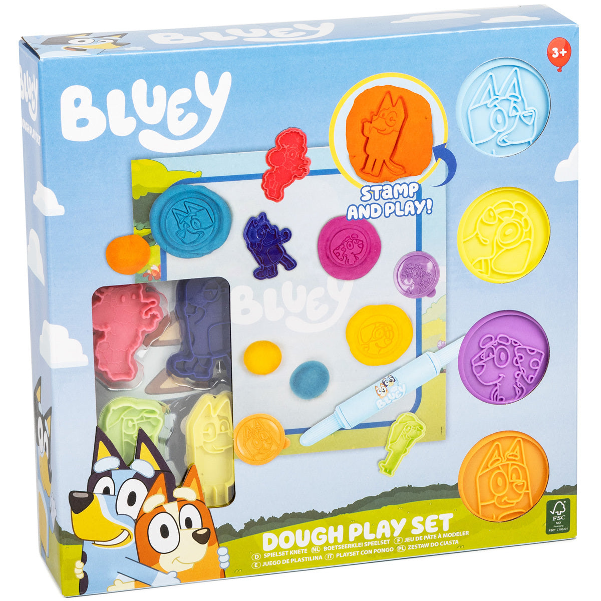 10 Piece Bluey Dough Play Craft Activity Set - Includes 4 Dough, 1 Roller and 4 Stamps